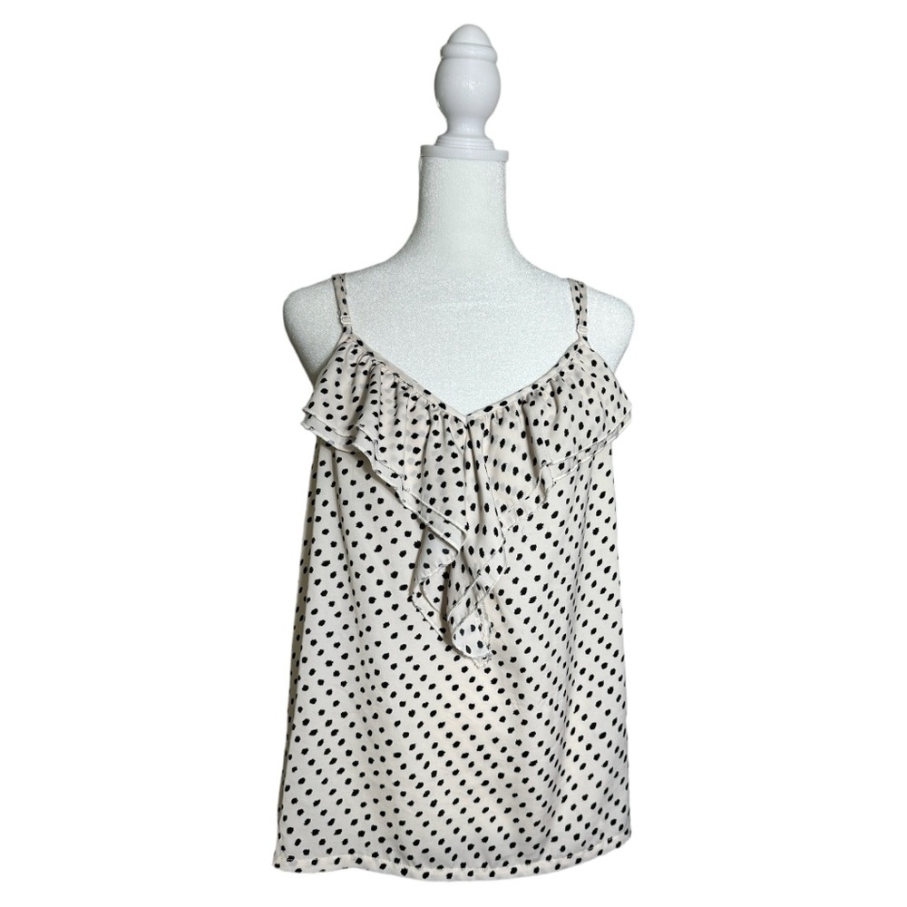 Forever 21 XXI Women’s Beige and Black Polka Dot V-Neck With Ruffles Tank Size L